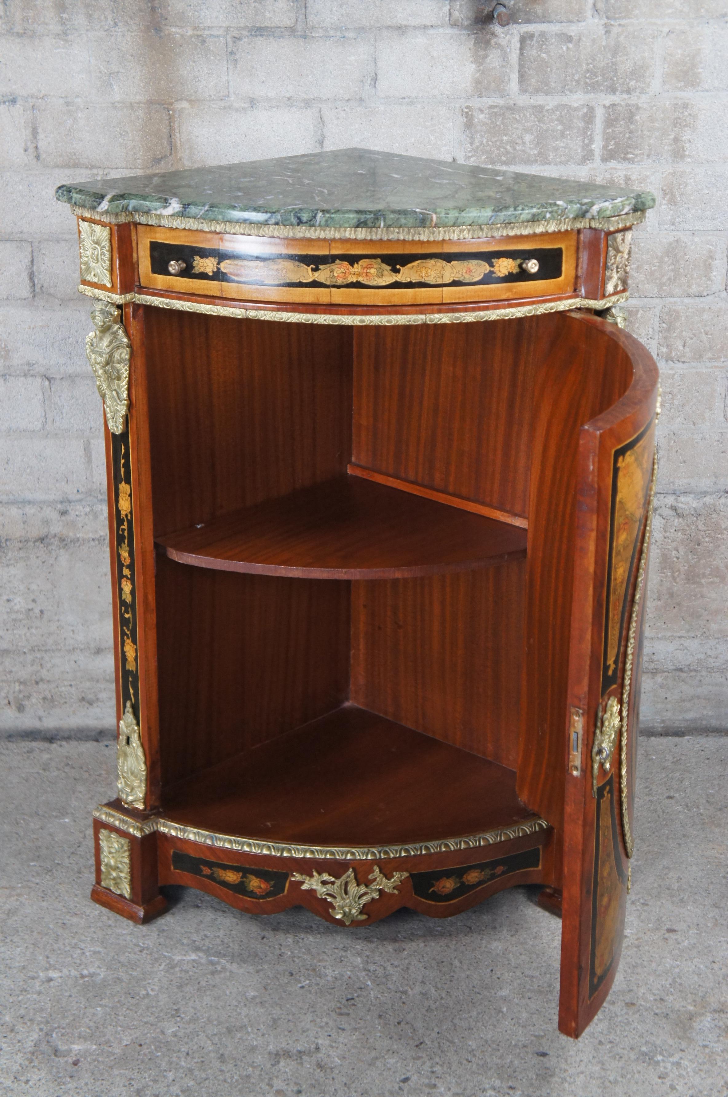 Vintage French Napoleon III Boulle Style Walnut & Marble Ormolu Corner Cabinet In Good Condition In Dayton, OH