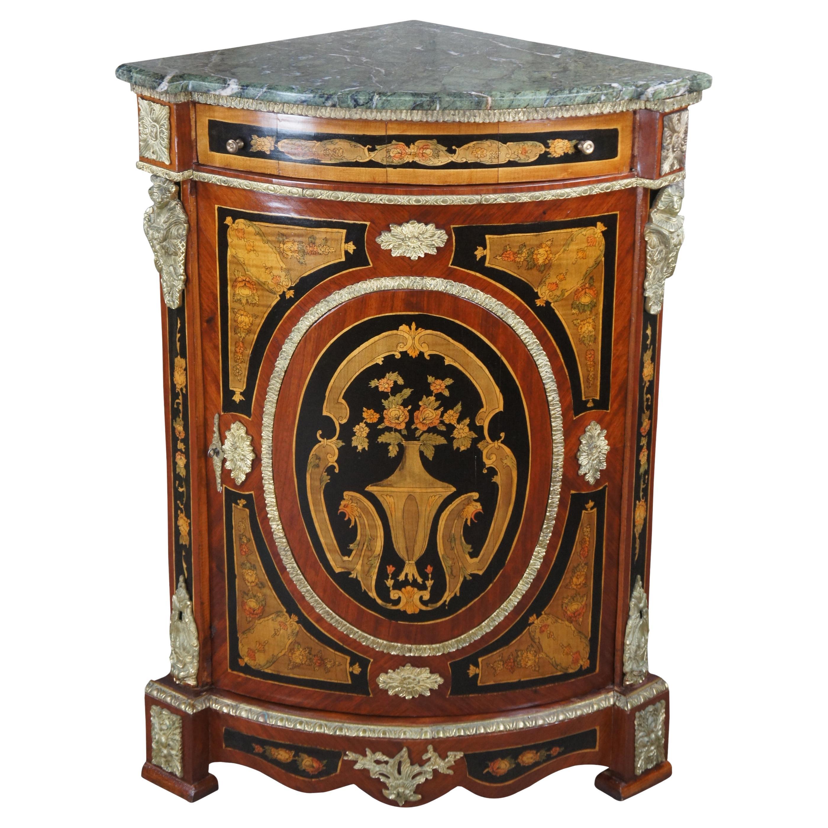 Vintage French Napoleon III Boulle Style Walnut & Marble Ormolu Corner Cabinet