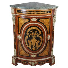 Vintage French Napoleon III Boulle Style Walnut & Marble Ormolu Corner Cabinet