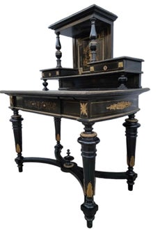 Vintage French Napoleon III Style Ebonized Lacquered Bonheur Du Jour Desk