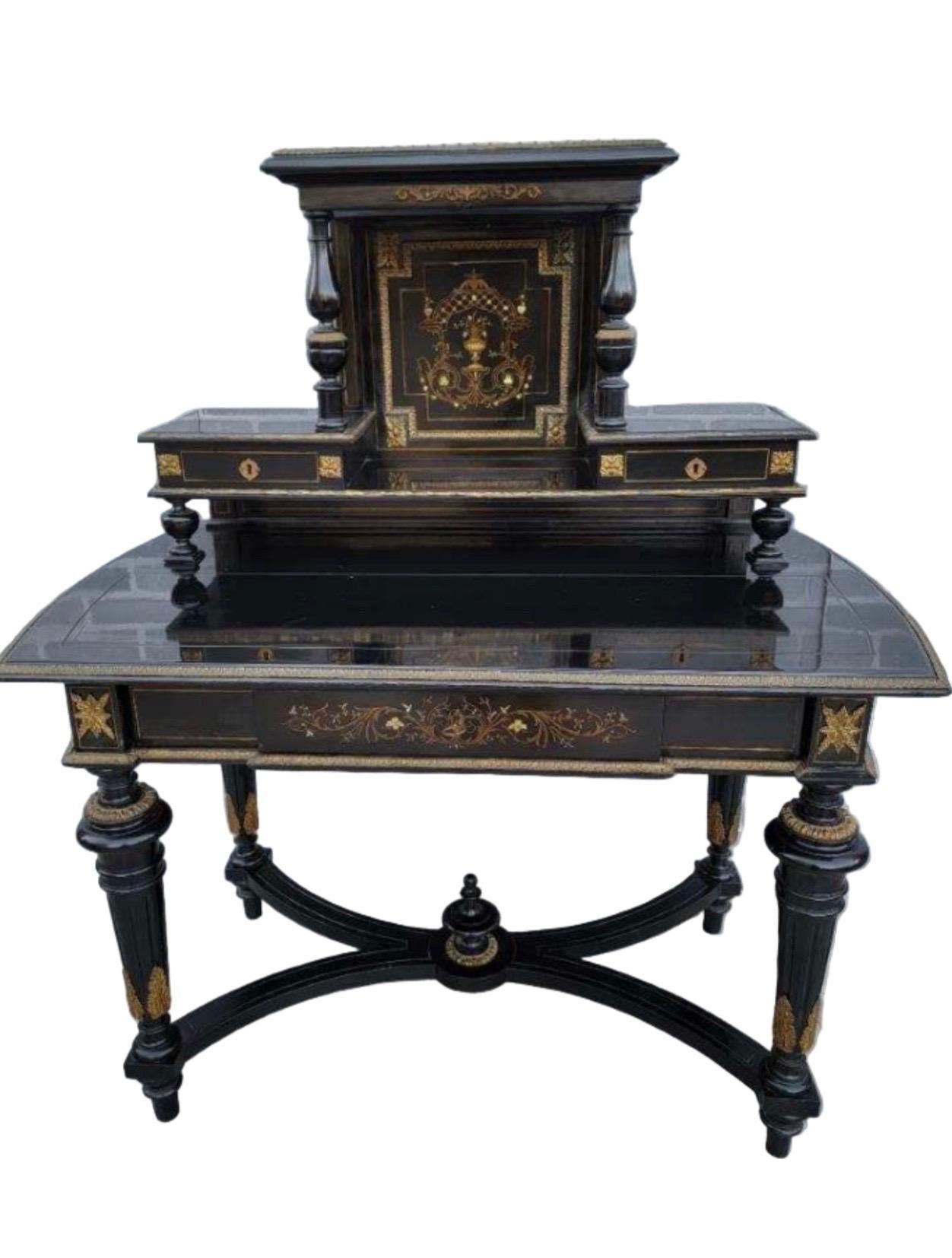 Wood Vintage French Napoleon III Style Ebonized Lacquered Bonheur Du Jour Desk For Sale