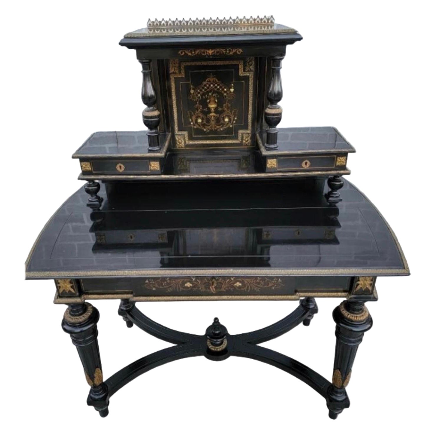 Vintage French Napoleon III Style Ebonized Lacquered Bonheur Du Jour Desk