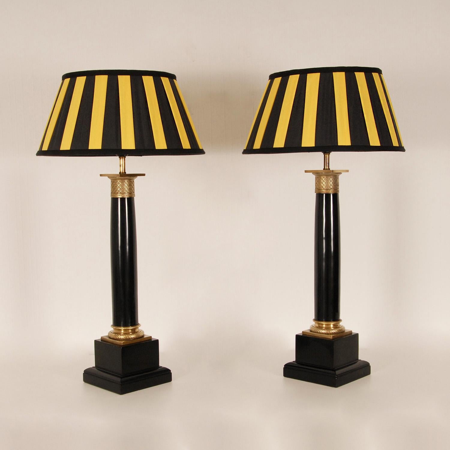 20th Century Vintage French Napoleonic Lamps Black Marble Gold Gilt Bronze Table Lamps a pair