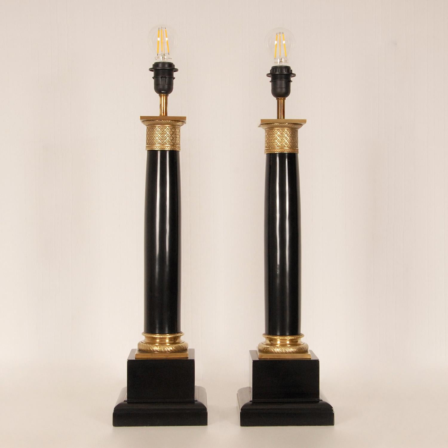 Vintage French Napoleonic Lamps Black Marble Gold Gilt Bronze Table Lamps a pair 1