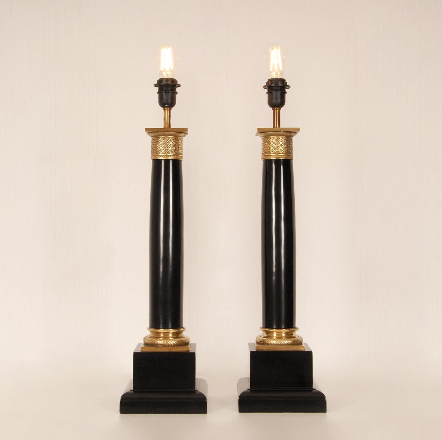 Vintage French Napoleonic Lamps Black Marble Gold Gilt Bronze Table Lamps a pair 2