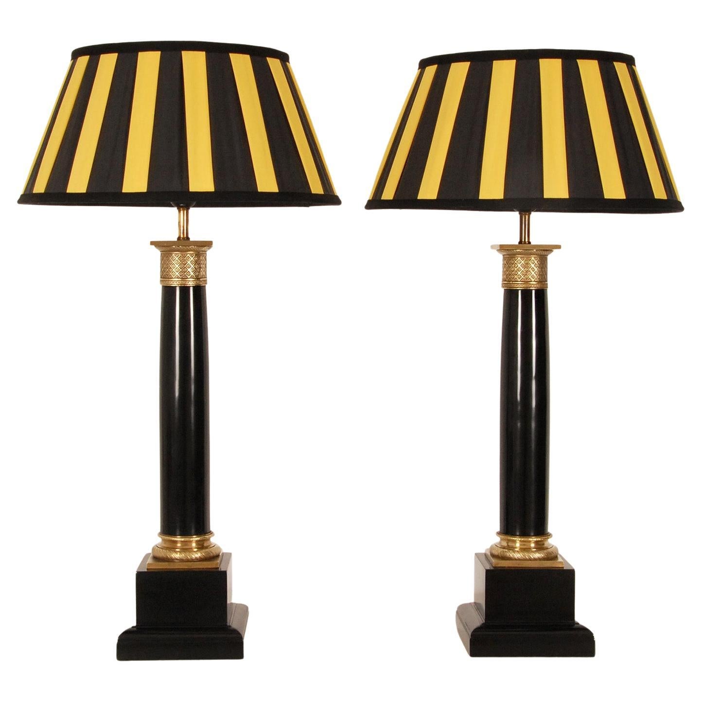 Vintage French Napoleonic Lamps Black Marble Gold Gilt Bronze Table Lamps a pair