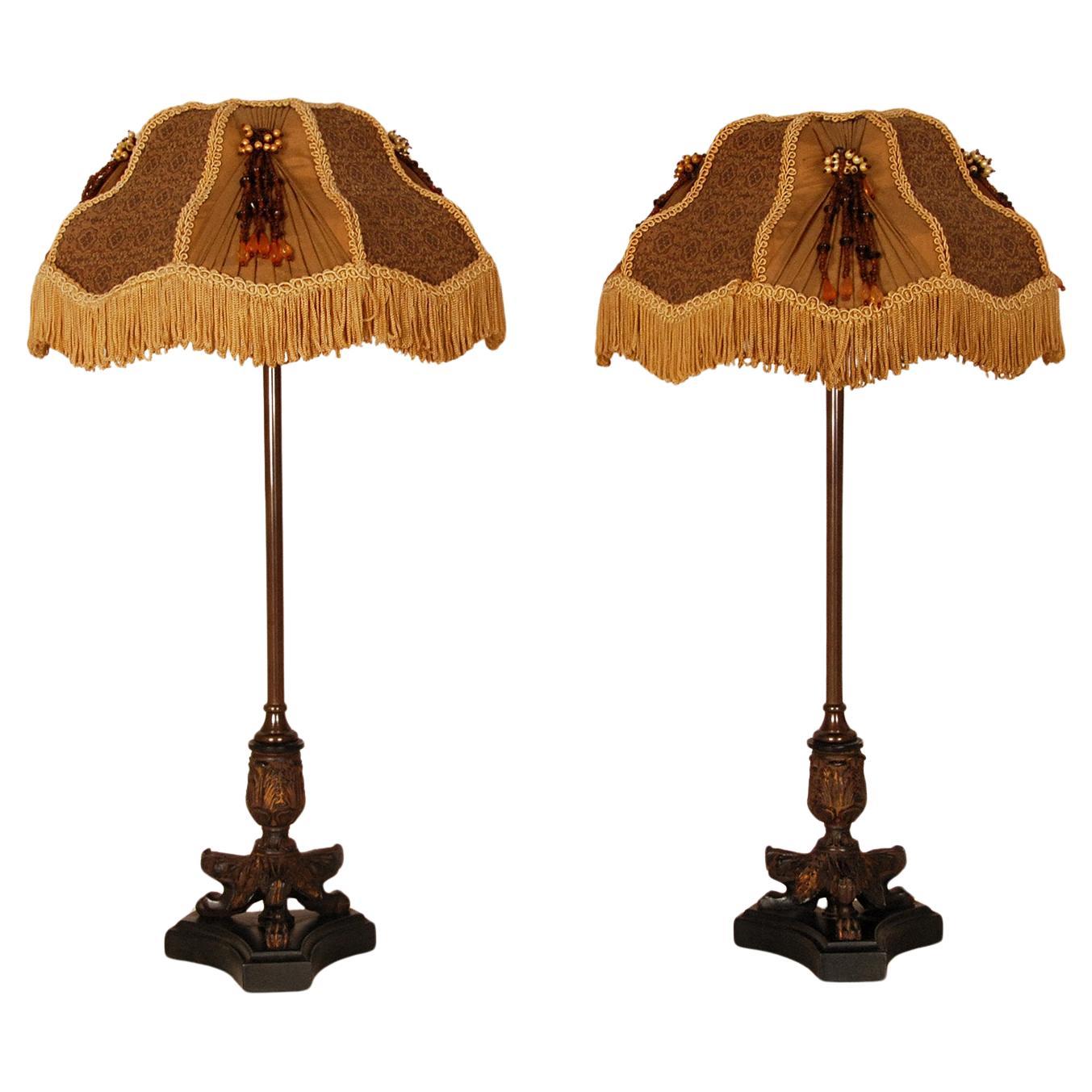 Paire de lampes de bureau Napoléoniennes françaises vintage à base tripode pattes de lion
