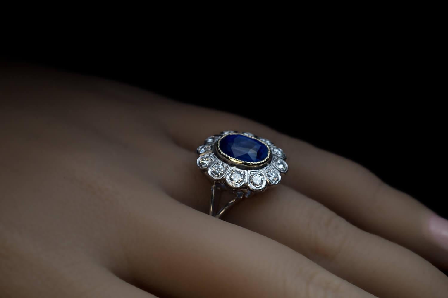 Vintage French Natural Ceylon Sapphire Diamond Gold Platinum Engagement Ring 1