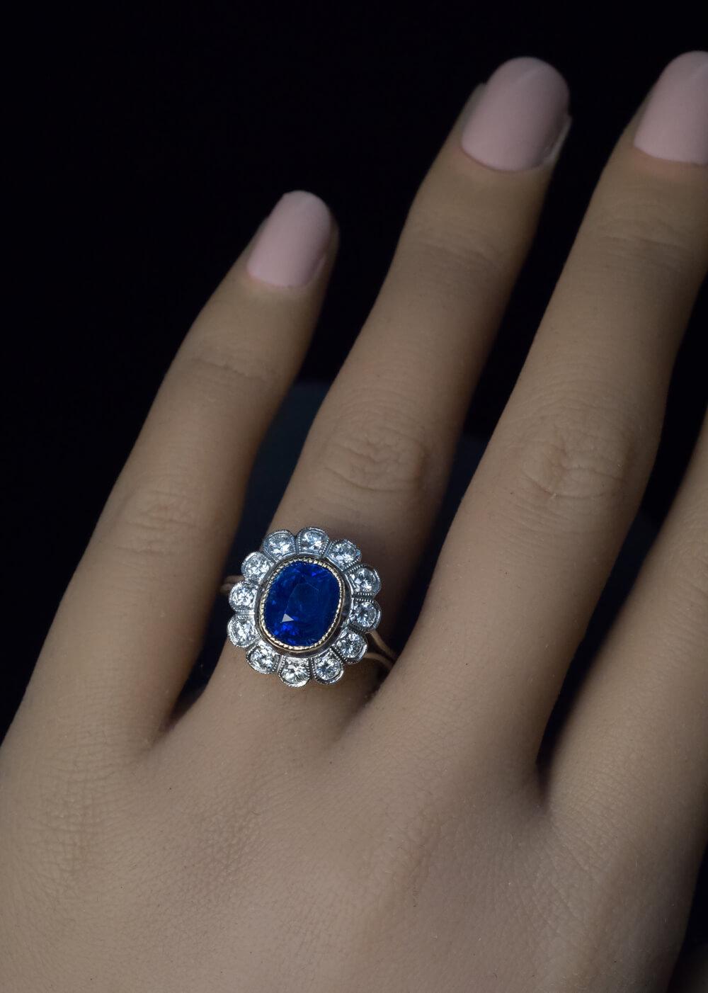 Vintage French Natural Ceylon Sapphire Diamond Gold Platinum Engagement Ring 2