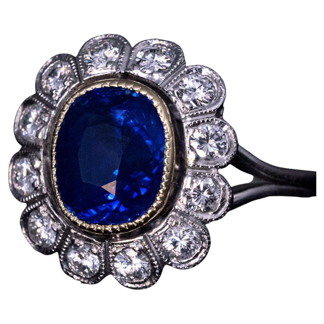 Vintage French Natural Ceylon Sapphire Diamond Gold Platinum Engagement Ring