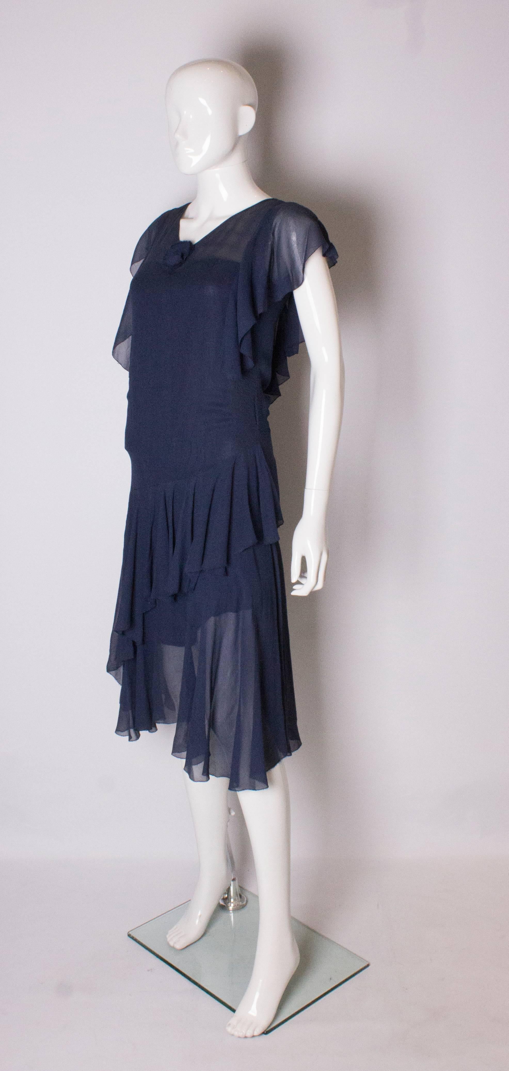 Black Vintage French Navy Chiffon Dress For Sale