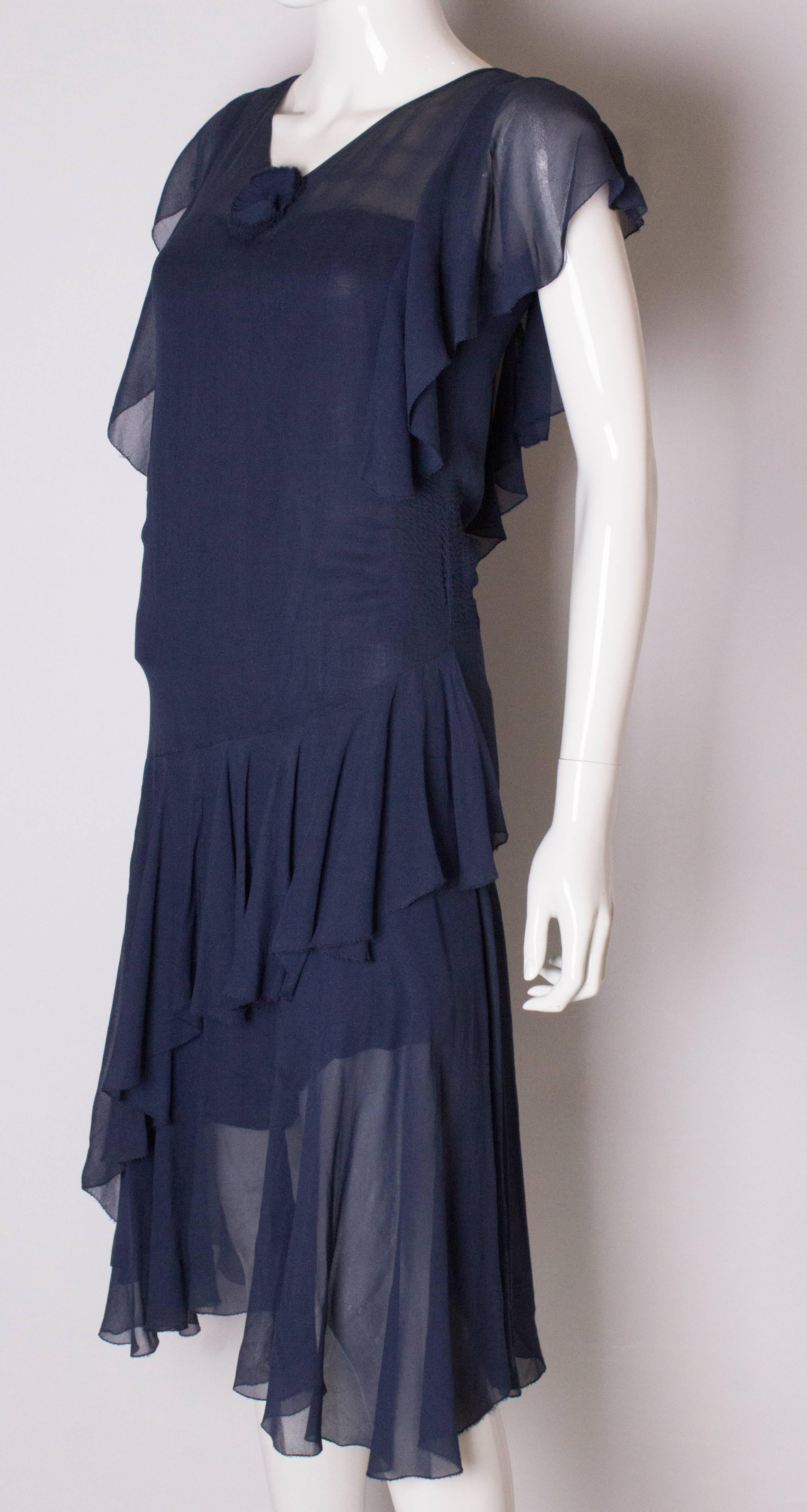 Vintage French Navy Chiffon Dress In Good Condition For Sale In London, GB