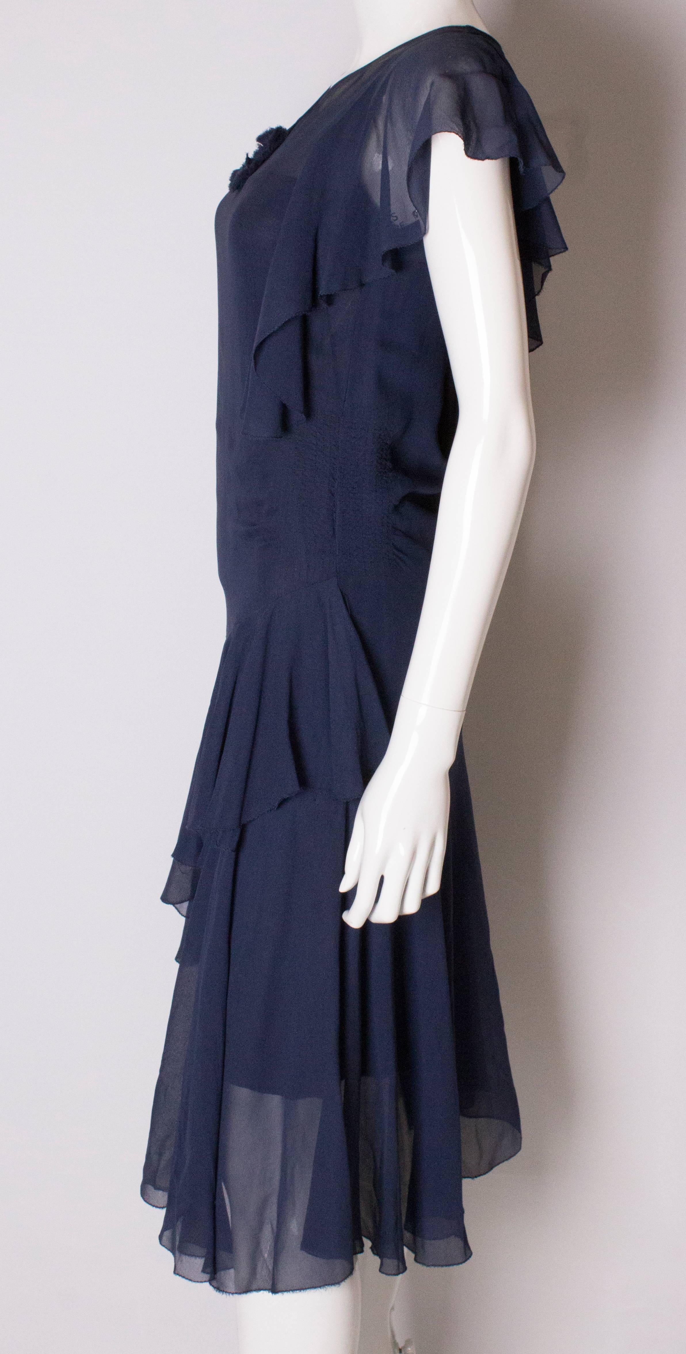 Vintage French Navy Chiffon Dress For Sale 1