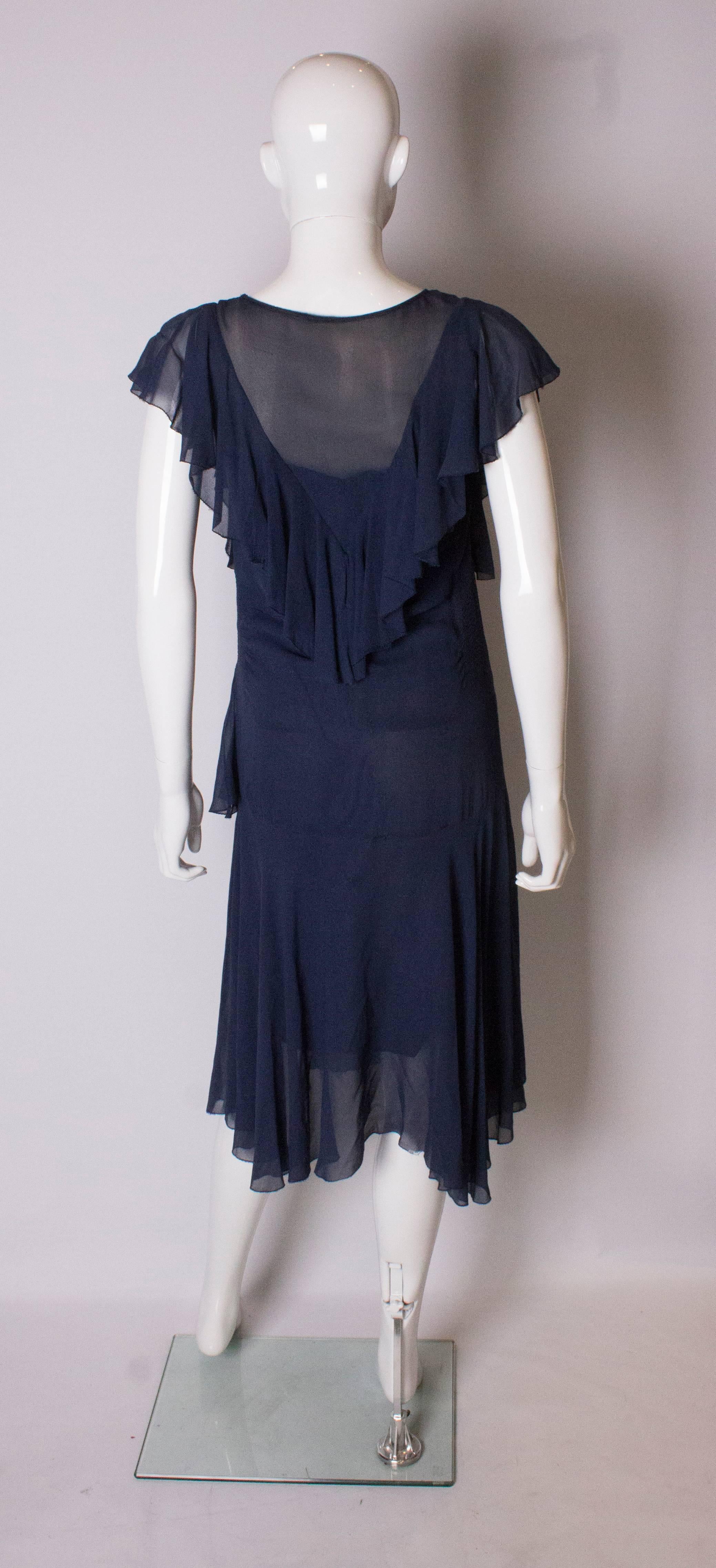 Vintage French Navy Chiffon Dress For Sale 2