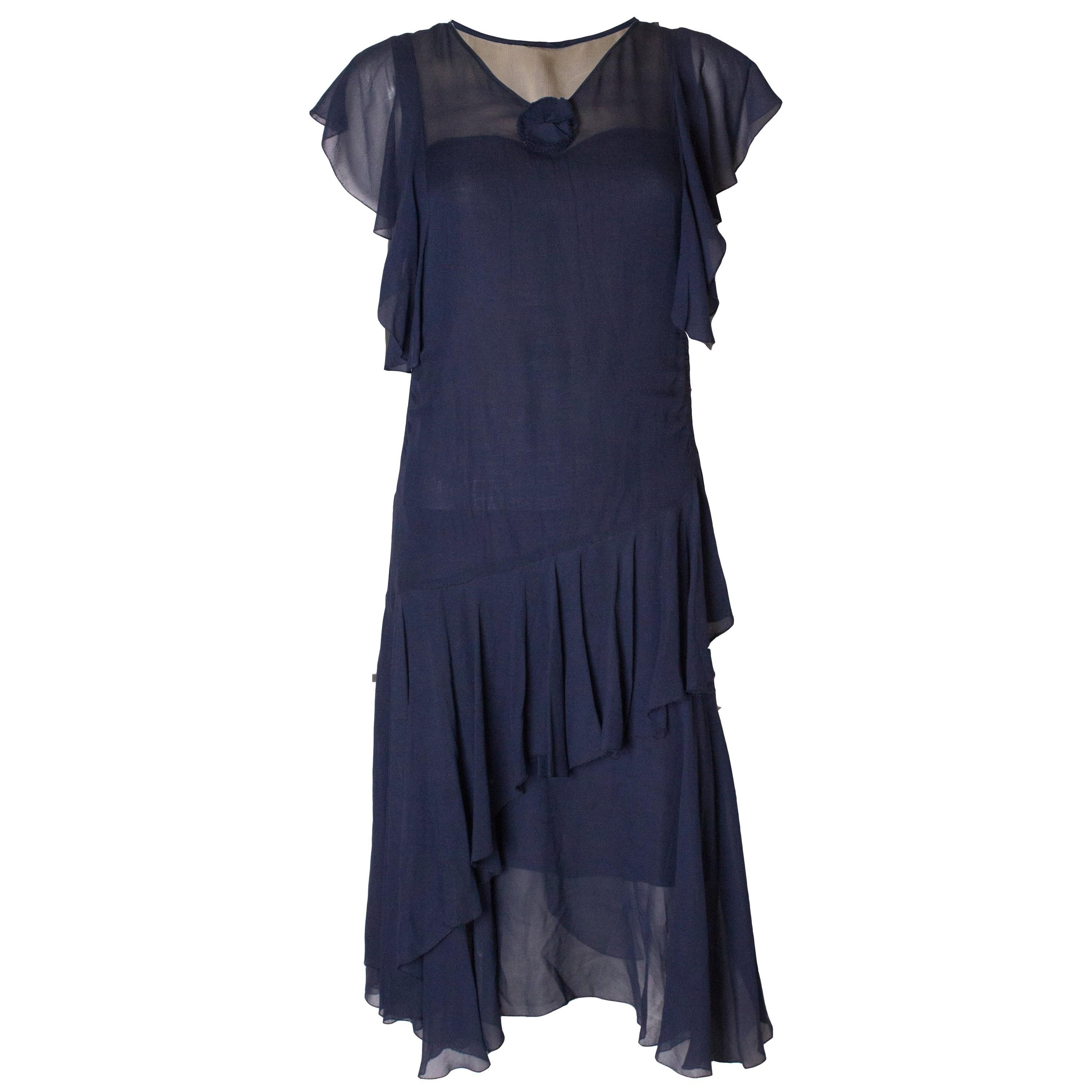 Vintage French Navy Chiffon Dress For Sale
