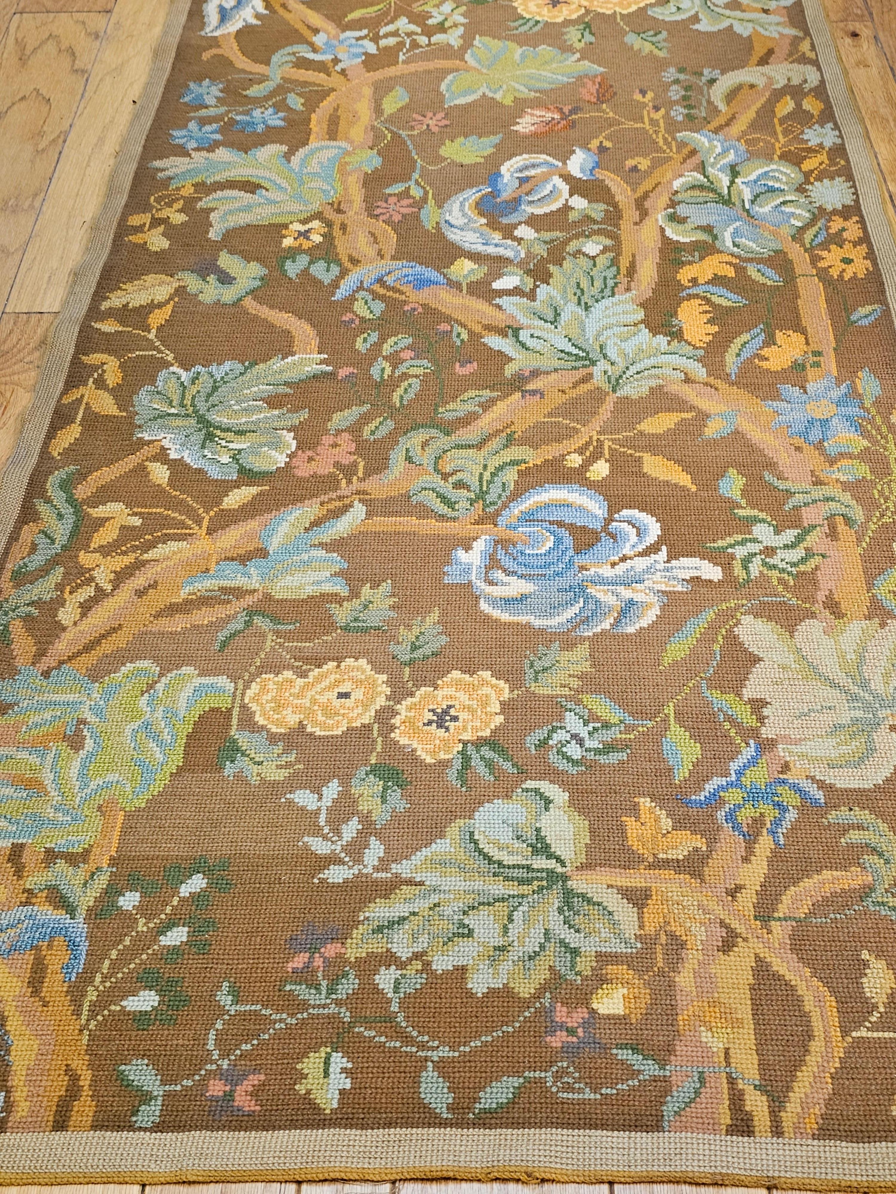 Vintage French Needlepoint Runner in Floral Pattern in Green, Blue, Brown, Pink In Good Condition For Sale In Barrington, IL