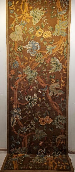 Vintage French Needlepoint Runner in Floral Pattern in Green, Blue, Brown