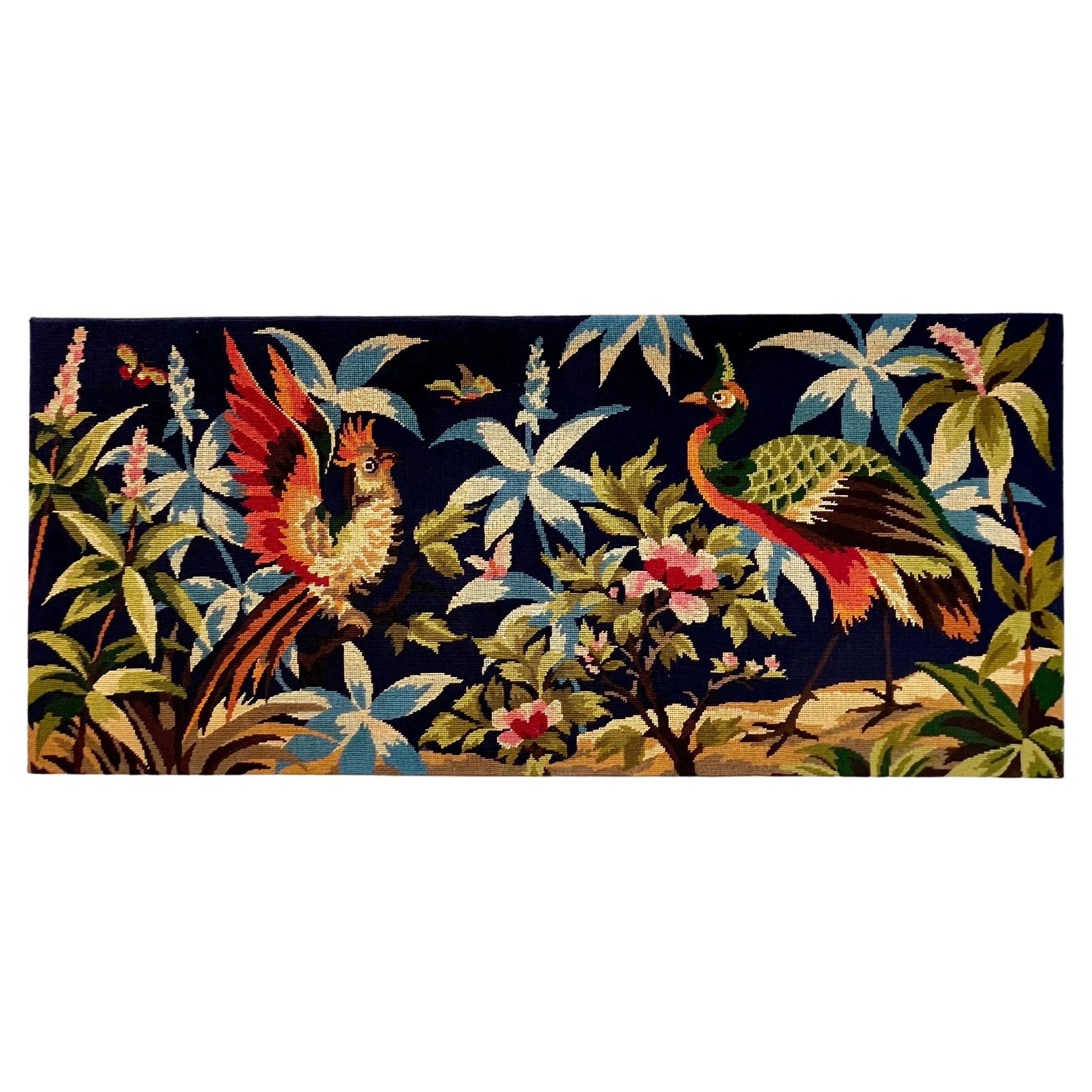 Vintage Französisch Needlepoint Wandteppich Paradiesvogel