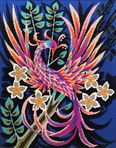 Vintage French Needlepoint Tapestry Wall Hanging Manner of Jean Lurcat