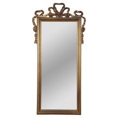 Vintage French Neoclassical Beveled Gold Gilt Ribbon Wall Hall Vanity Mirror