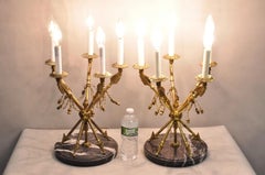 Vintage French Neoclassical Brass "Arrow" Marble Candelabra Table Lamps - a Pair