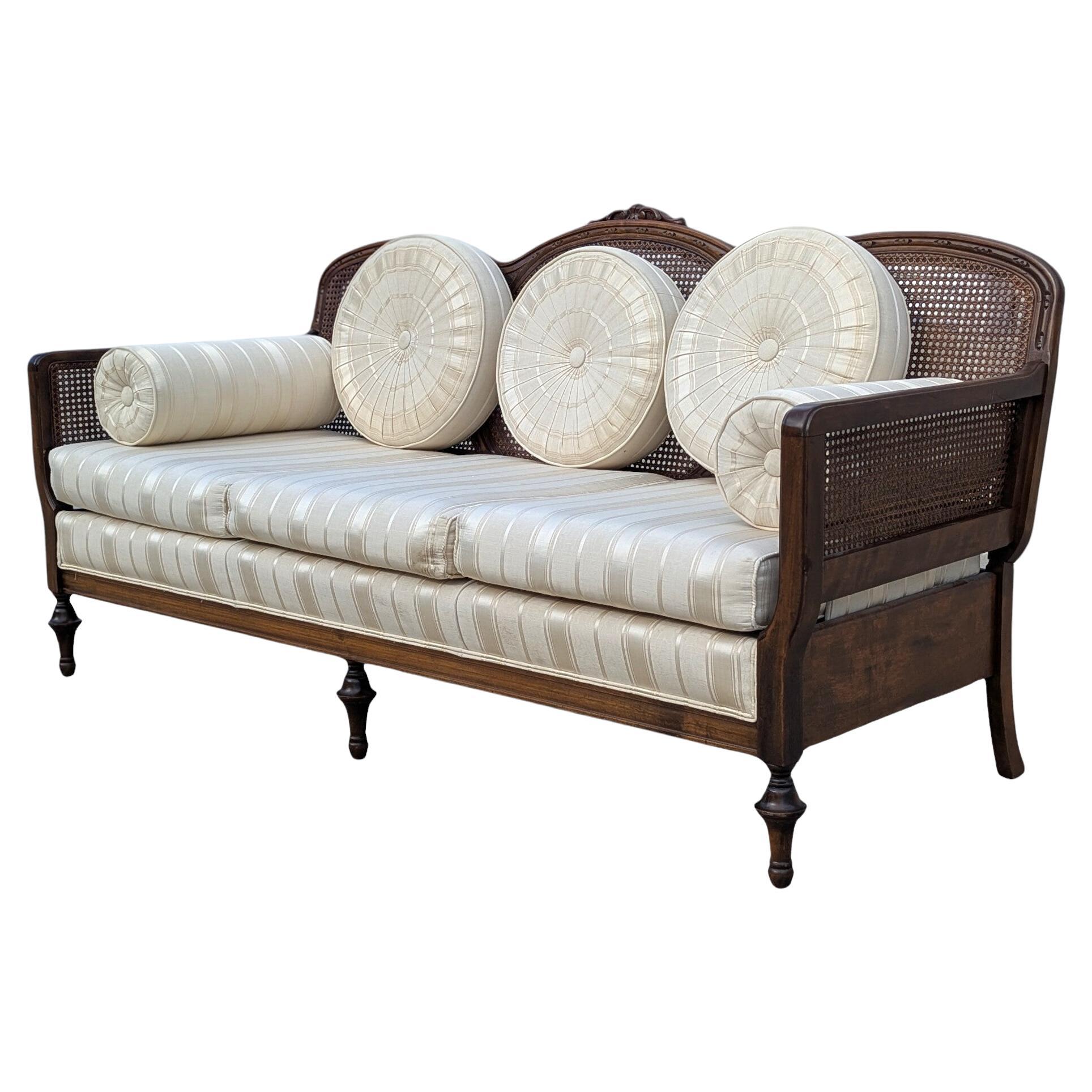 Vintage French Provincial-Style Cane Daybed Sofa with Bolster Cushions For Sale