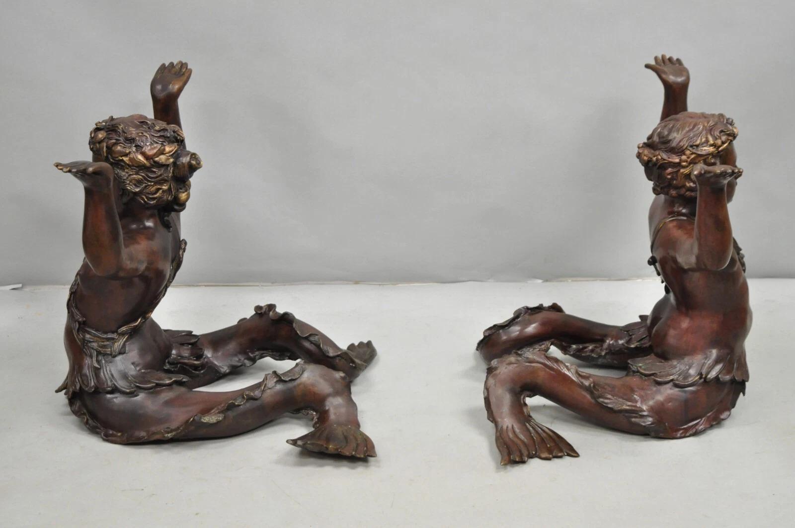 Vintage French Neoclassical Figural Bronze Merman Mermaid Glass Top Coffee Table For Sale 5