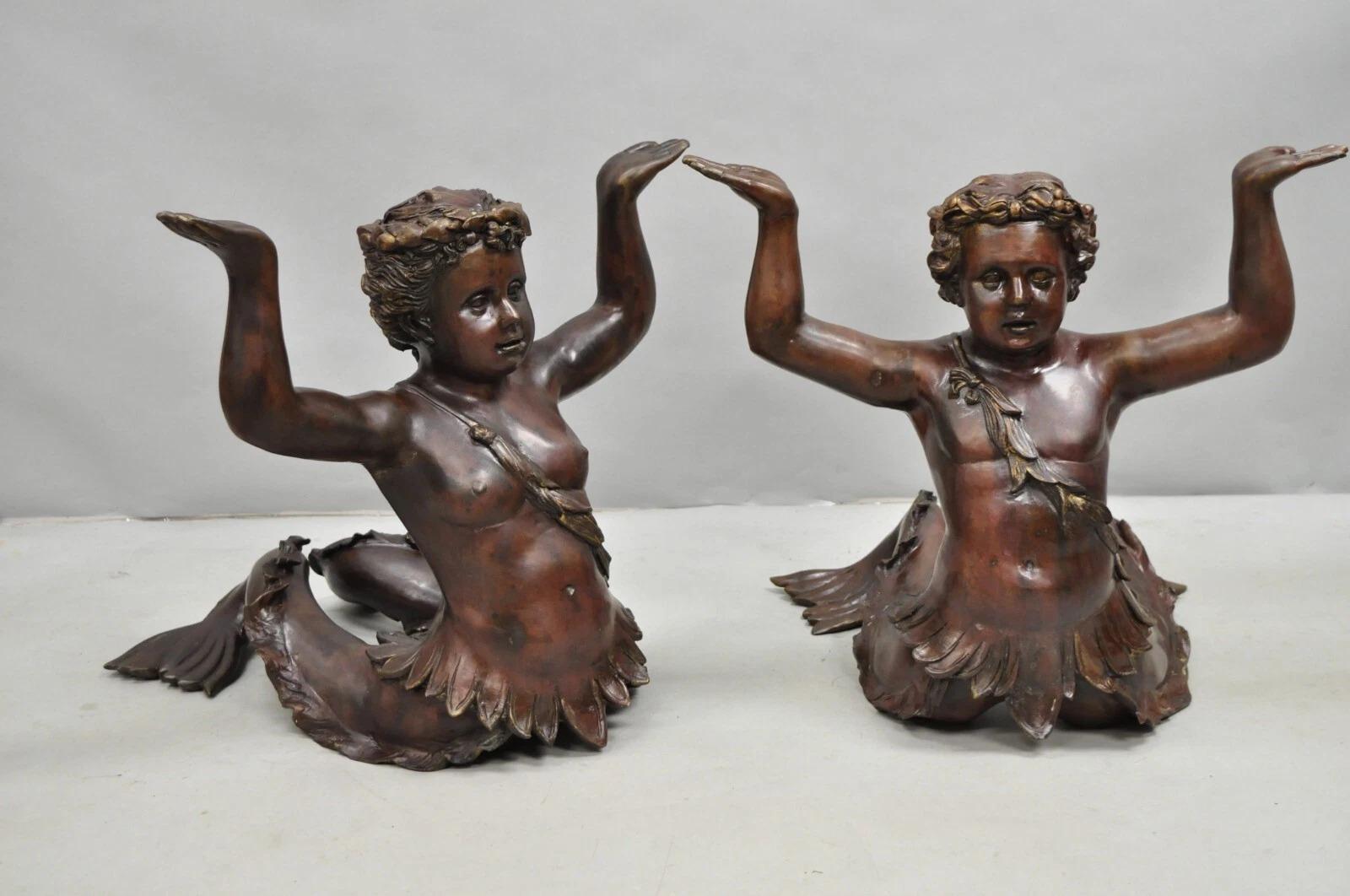 Vintage French Neoclassical Figural Bronze Merman Mermaid Glass Top Coffee Table For Sale 6