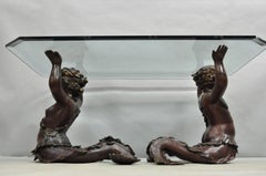 Vintage French Neoclassical Figural Bronze Merman Mermaid Glass Top Coffee Table