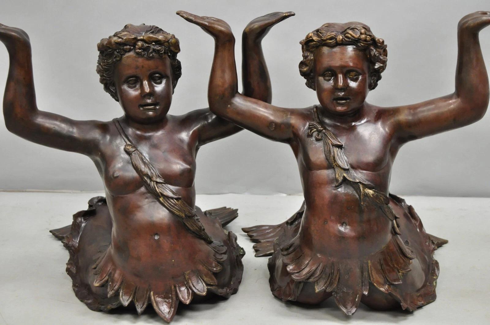 Unknown Vintage French Neoclassical Figural Bronze Merman Mermaid Glass Top Coffee Table For Sale
