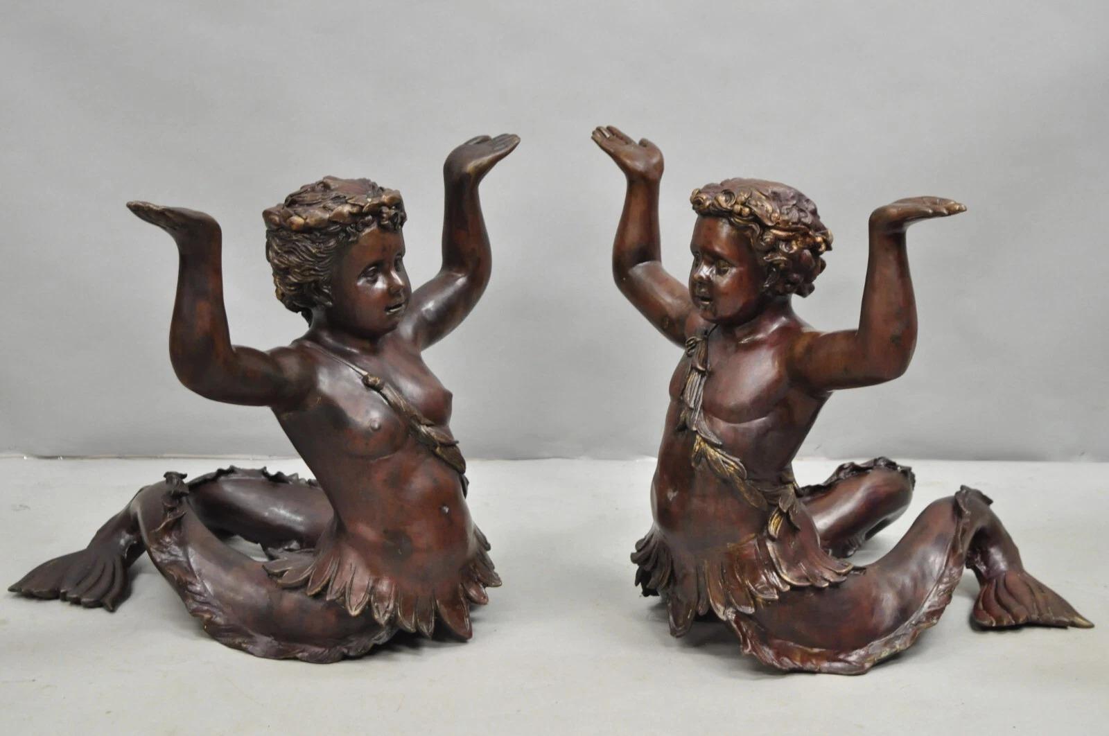 Vintage French Neoclassical Figural Bronze Merman Mermaid Glass Top Coffee Table In Good Condition For Sale In Philadelphia, PA