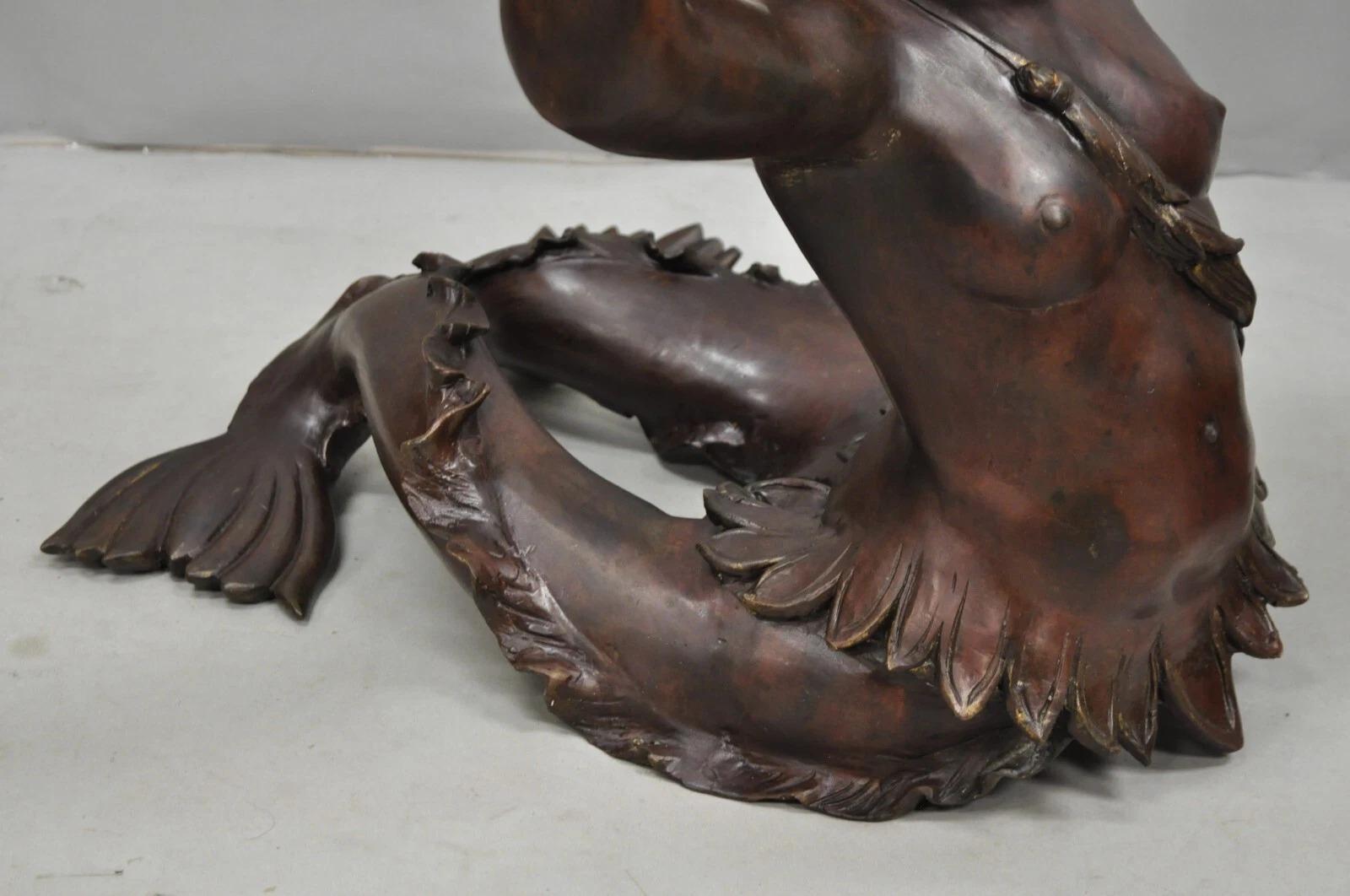 20th Century Vintage French Neoclassical Figural Bronze Merman Mermaid Glass Top Coffee Table For Sale