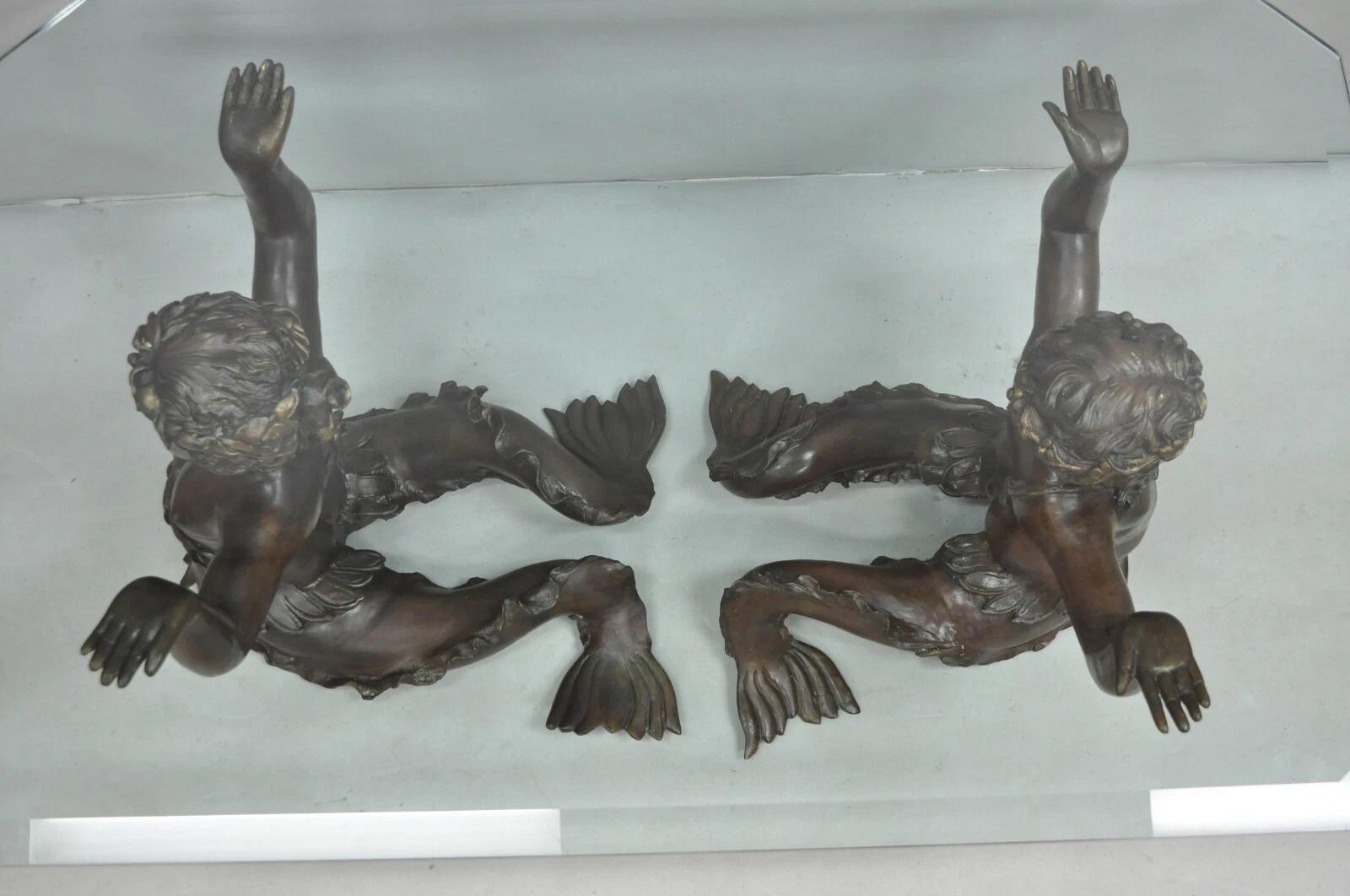 Vintage French Neoclassical Figural Bronze Merman Mermaid Glass Top Coffee Table For Sale 1