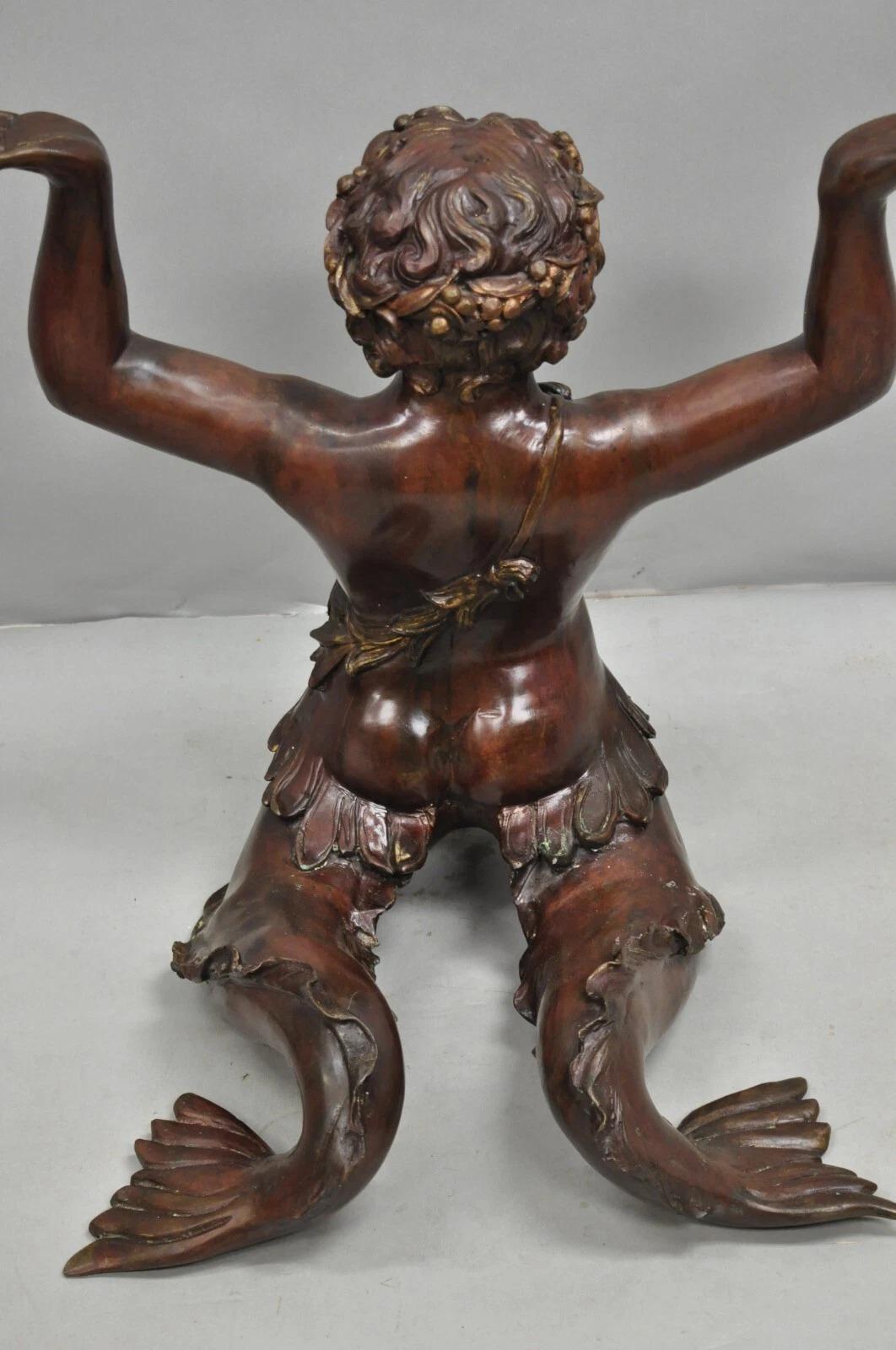 Vintage French Neoclassical Figural Bronze Merman Mermaid Glass Top Coffee Table For Sale 4
