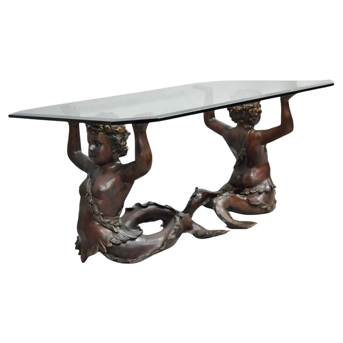 Vintage French Neoclassical Figural Bronze Merman Mermaid Glass Top Coffee Table For Sale