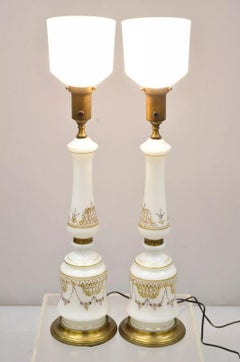 Vintage French Neoclassical Gold Gilt White Porcelain Column Table Lamps - Pair