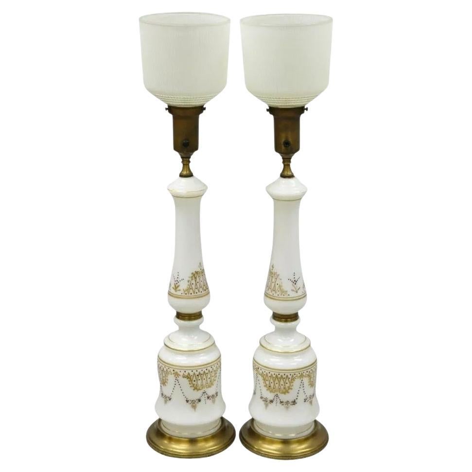 Vintage French Neoclassical Gold Gilt White Porcelain Column Table Lamps - Pair