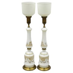 Vintage French Neoclassical Gold Gilt White Porcelain Column Table Lamps - Pair