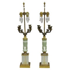 Vintage French Neoclassical Green Jasperware Candelabra Table Lamps - a Pair