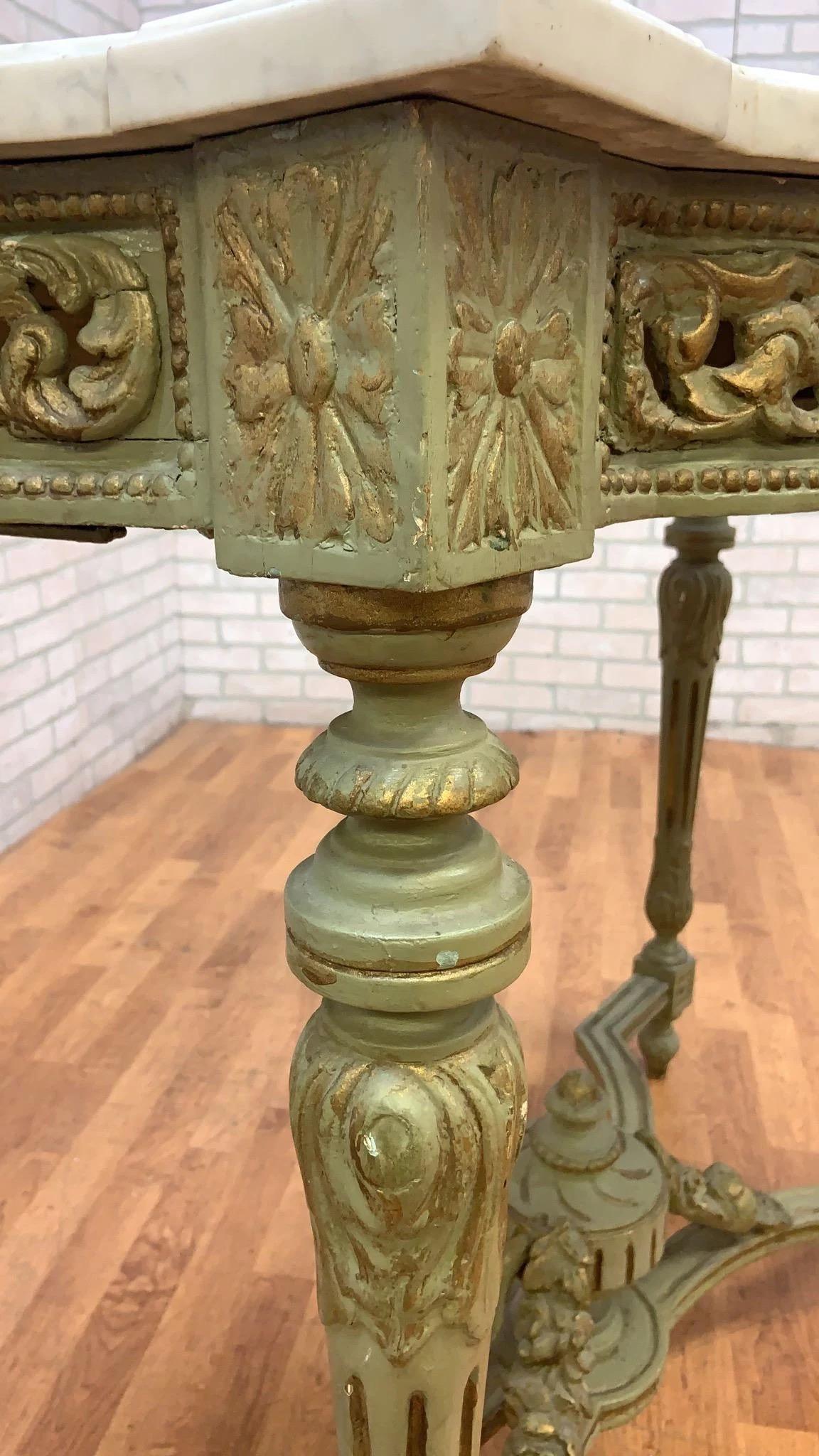 Vintage French Neoclassical Green Painted Console w/ Italian Carrara Marble Top In Good Condition For Sale In Chicago, IL