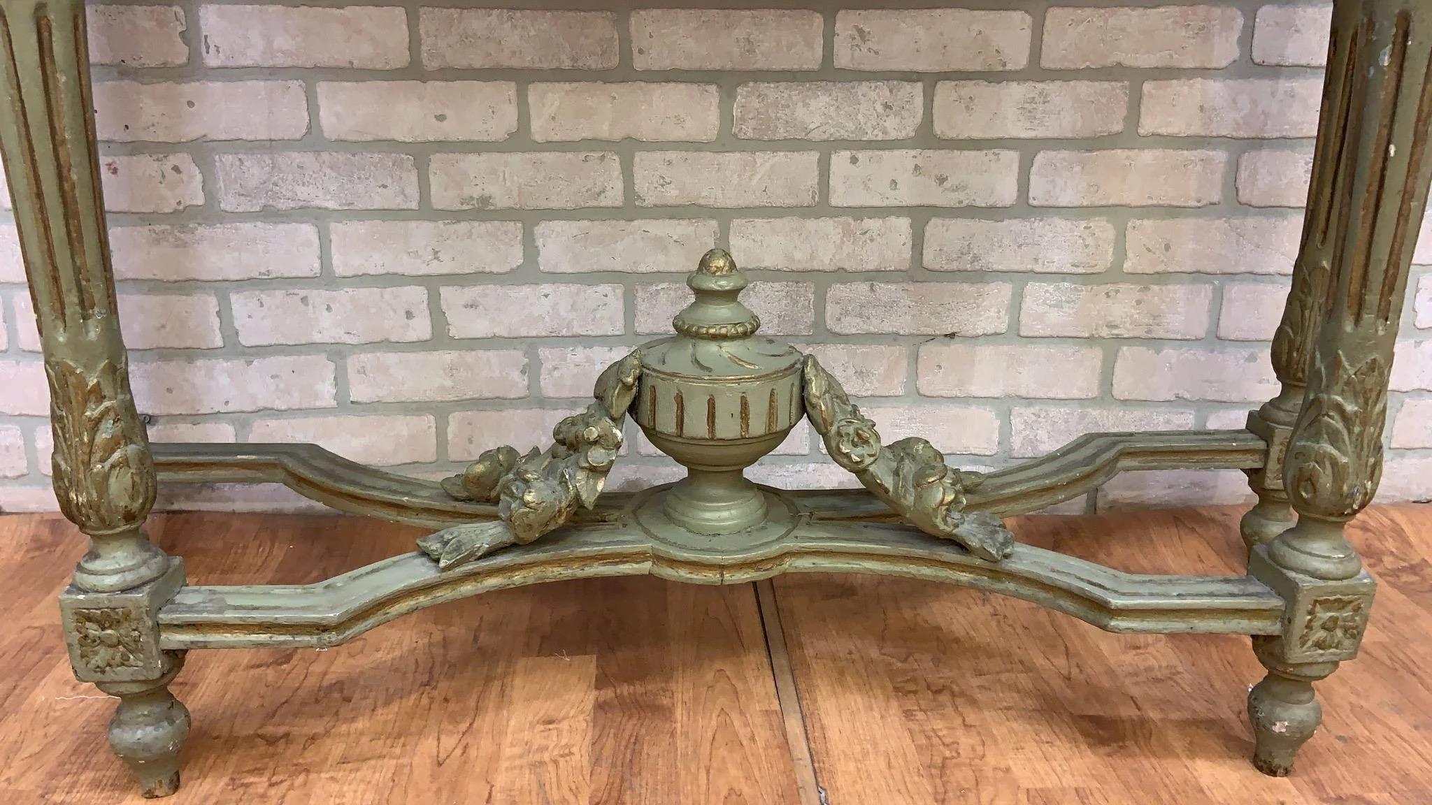 Mid-20th Century Vintage French Neoclassical Green Painted Console w/ Italian Carrara Marble Top For Sale