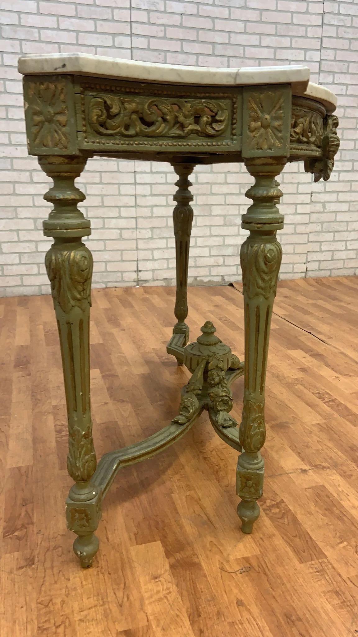 Vintage French Neoclassical Green Painted Console w/ Italian Carrara Marble Top For Sale 2
