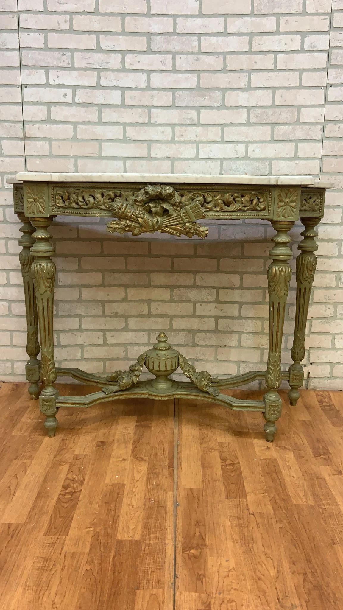 Vintage French Neoclassical Green Painted Console w/ Italian Carrara Marble Top For Sale 4