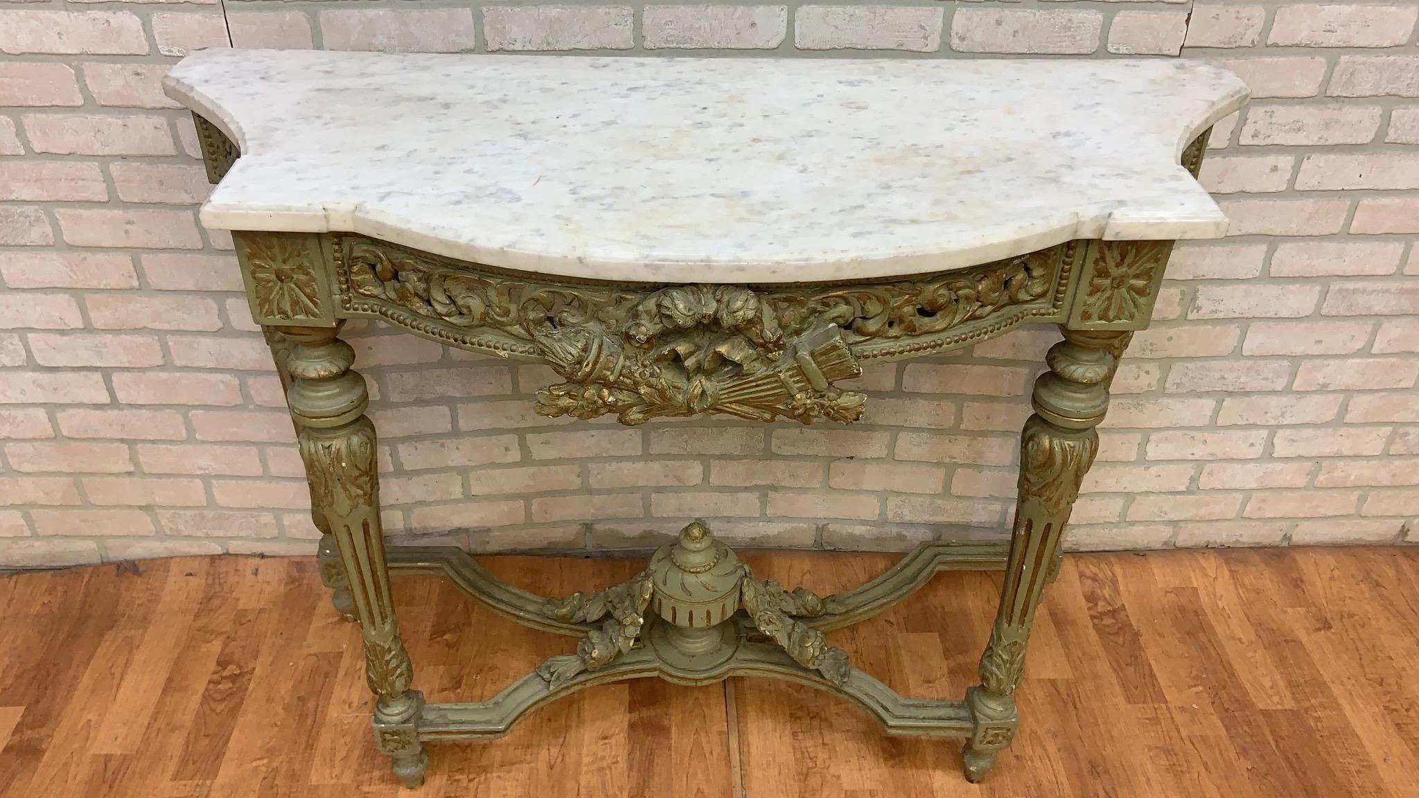 Vintage French Neoclassical Green Painted Console w/ Italian Carrara Marble Top For Sale 5