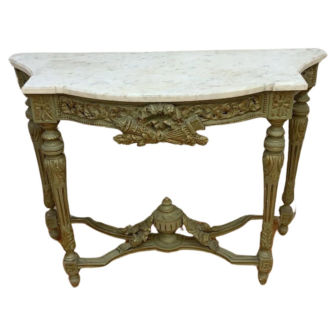Vintage French Neoclassical Green Painted Console w/ Italian Carrara Marble Top For Sale