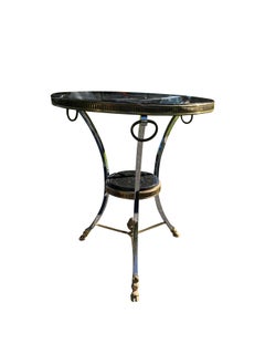 Tavolo Gueridon neoclassico francese d'epoca in marmo con ottone e cromo