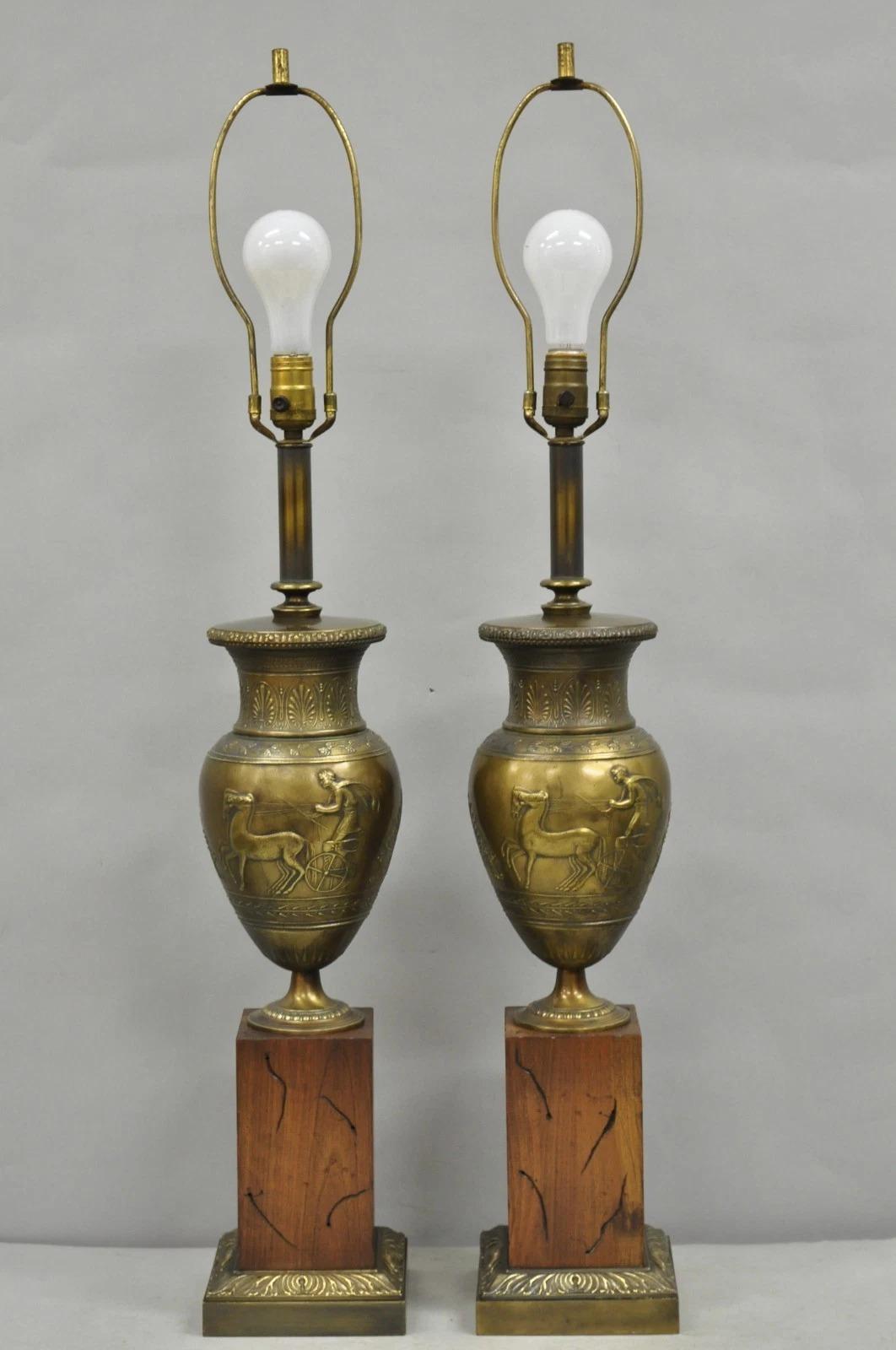 Vintage French Neoclassical Horse & Chariot Bronze Finish Urn Table Lamps a Pair For Sale 6