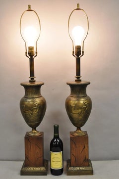 Vintage French Neoclassical Horse & Chariot Bronze Finish Urn Table Lamps a Pair