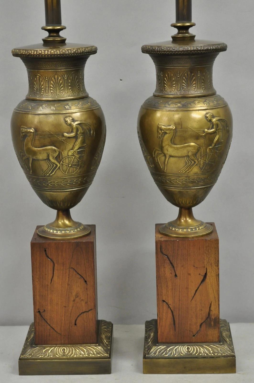 Unknown Vintage French Neoclassical Horse & Chariot Bronze Finish Urn Table Lamps a Pair For Sale