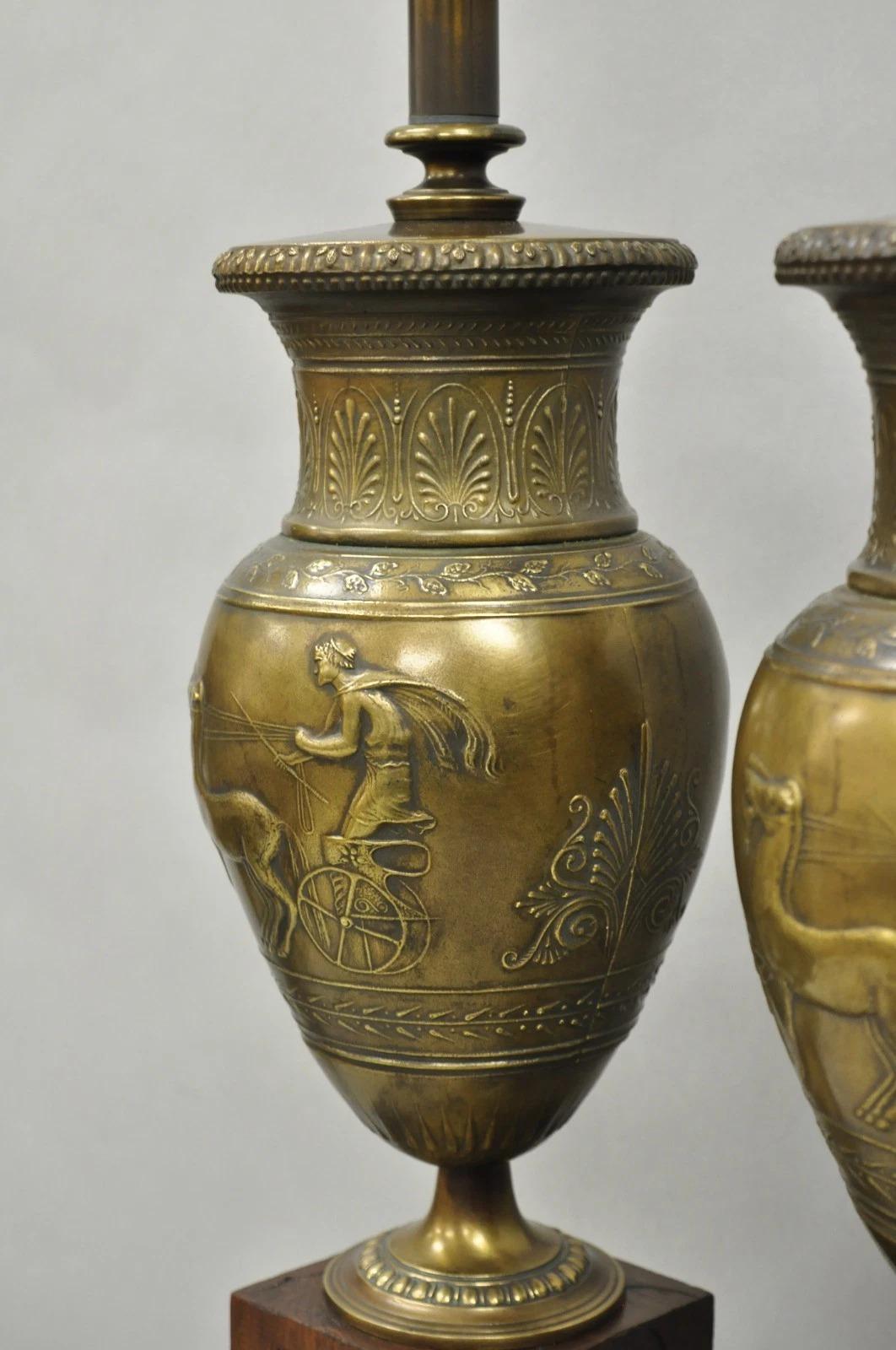20th Century Vintage French Neoclassical Horse & Chariot Bronze Finish Urn Table Lamps a Pair For Sale